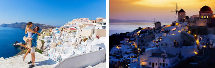 couple in Santorini and Santorini at sunset