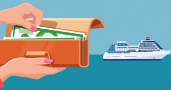 image of hands reaching into wallet with cruise ship in background