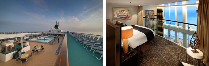 sun deck of a cruise ship and an oceanview stateroom on a cruise ship