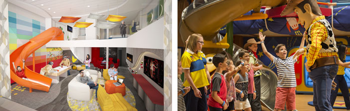 children playing in the kids' club and children meeting Woody from Toy Story