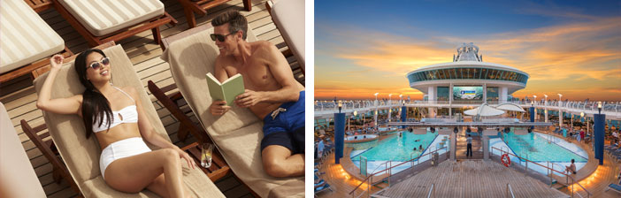 young couple lounging poolside and sun deck
