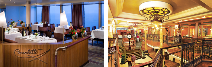Canaletto restaurant on board of Eurodam and lobby of Queen Victoria