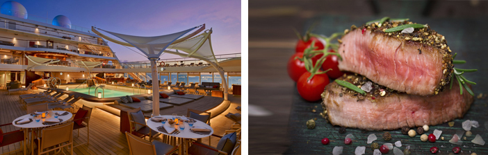 Seabourn pooldeck and food on board of Silver Muse