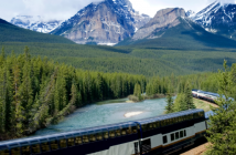 Rocky Mountaineer train in the Rocky Mountains of Canada