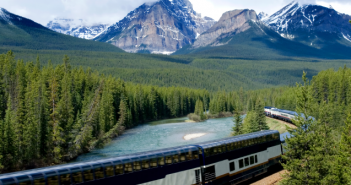 Rocky Mountaineer train in the Rocky Mountains of Canada