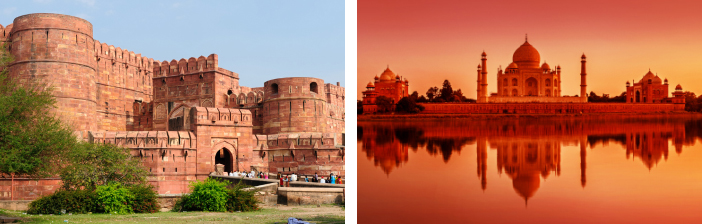 Agra Fort and the Taj Mahal in Agra, India of the Golden Triangle
