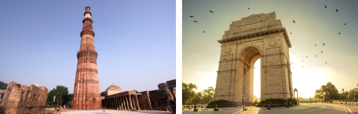 Qutub Minar and India Gate in Dehli India of the Golden Triangle