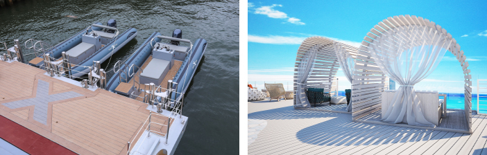 tenders and cabanas of a luxury cruise ship