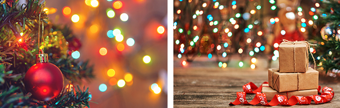 a decorated Christmas tree and a Christmas presents