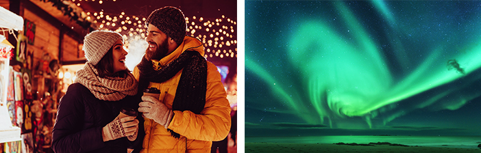 young couple at a Christmas market in Europe and the North Lights