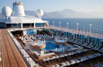 empty pool deck of an Azamara cruise ship