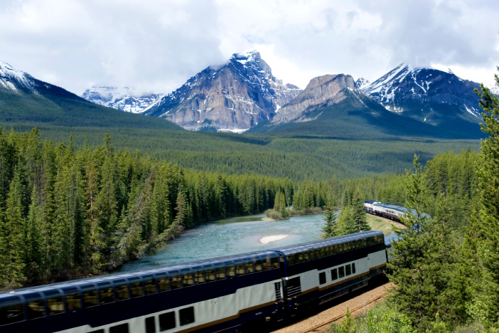 Rocky Mountaineer train in the Rocky Mountains